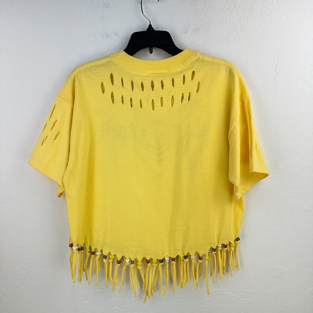 Vtg Brooks Top‎ Womens M Yellow Crop Feather Fringe Beaded Boho Distressed - Picture 2 of 7